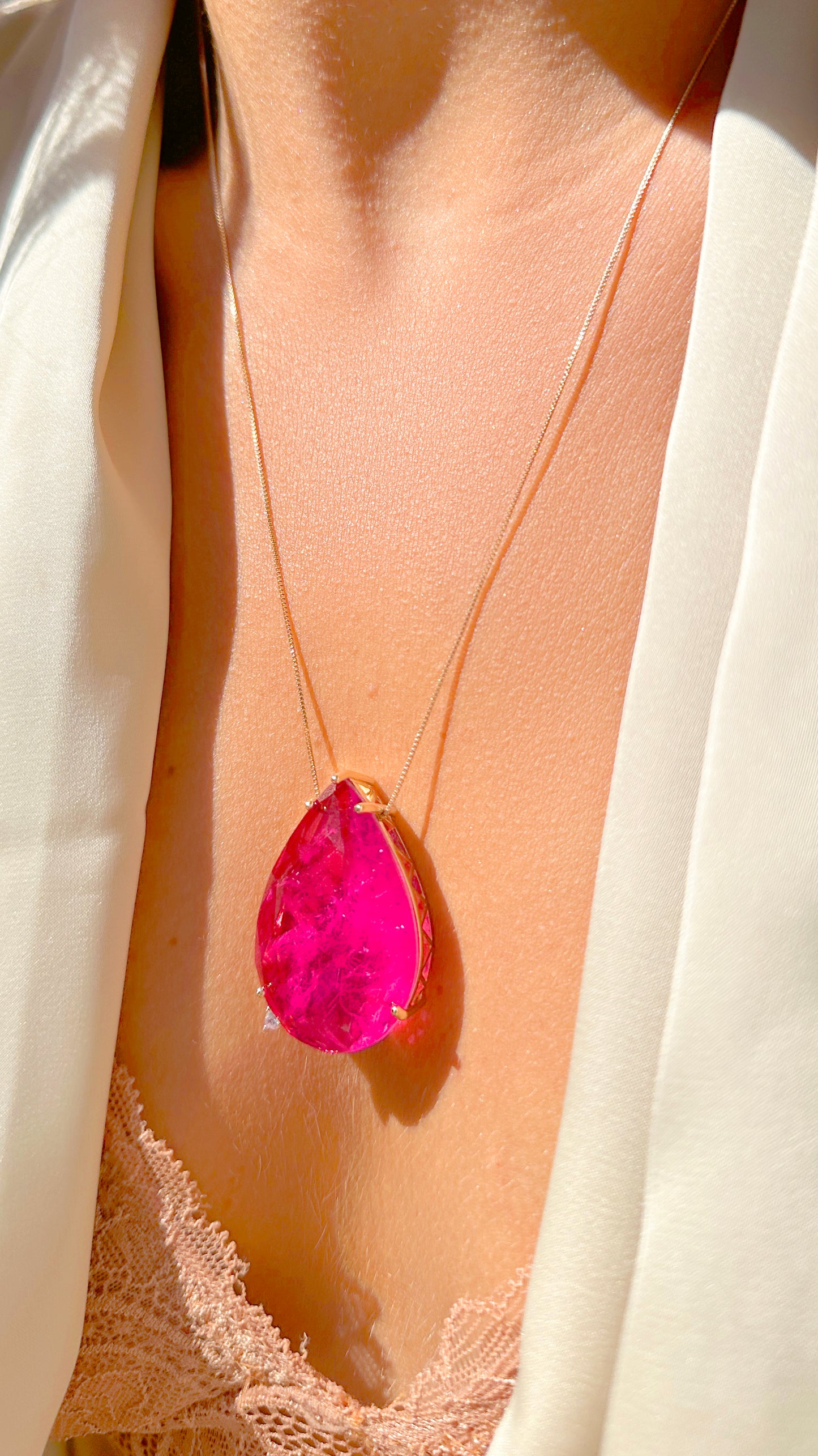 18K Gold Plated Pink Tourmaline and Amethyst Drop Pendant