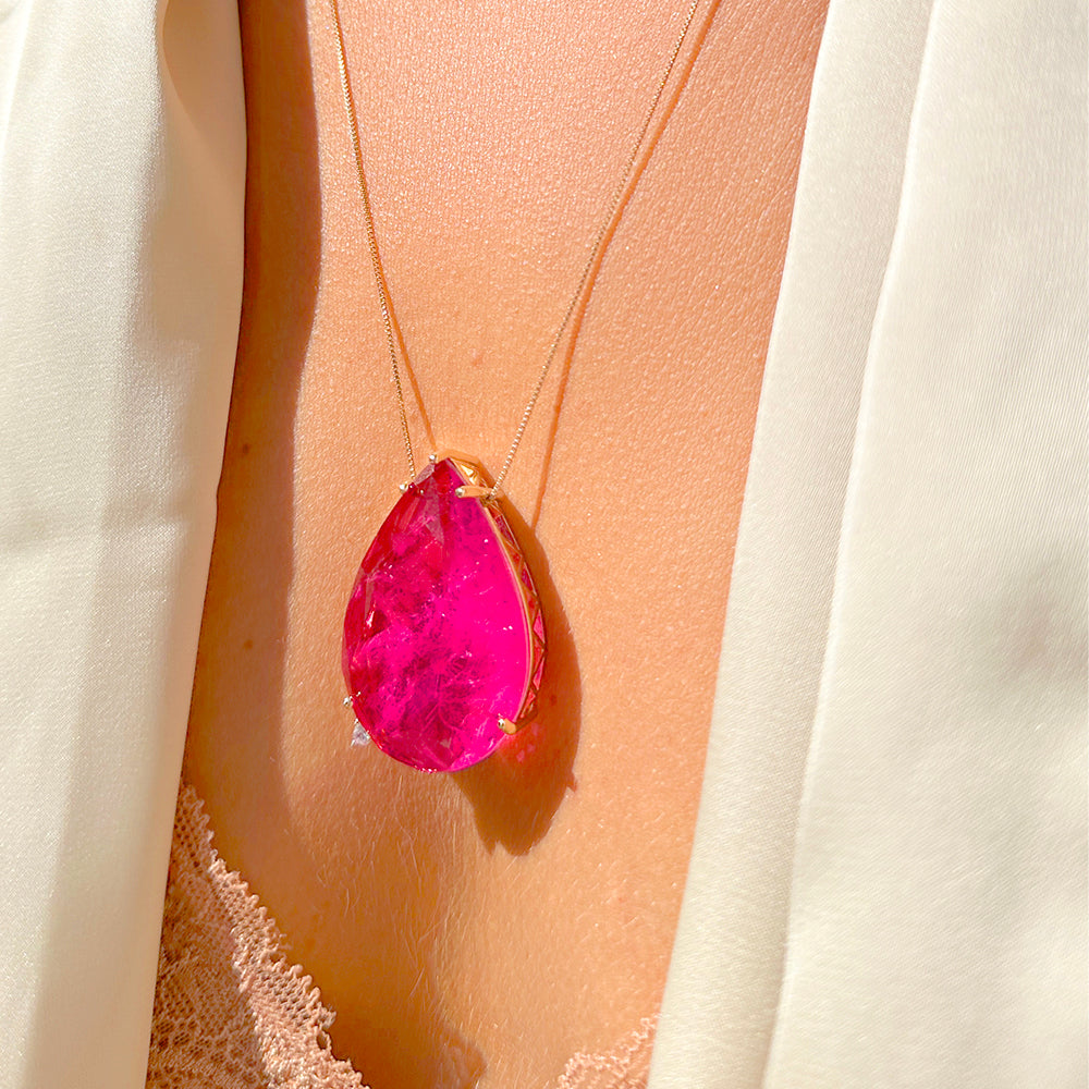 18K Gold Plated Pink Tourmaline and Amethyst Drop Pendant