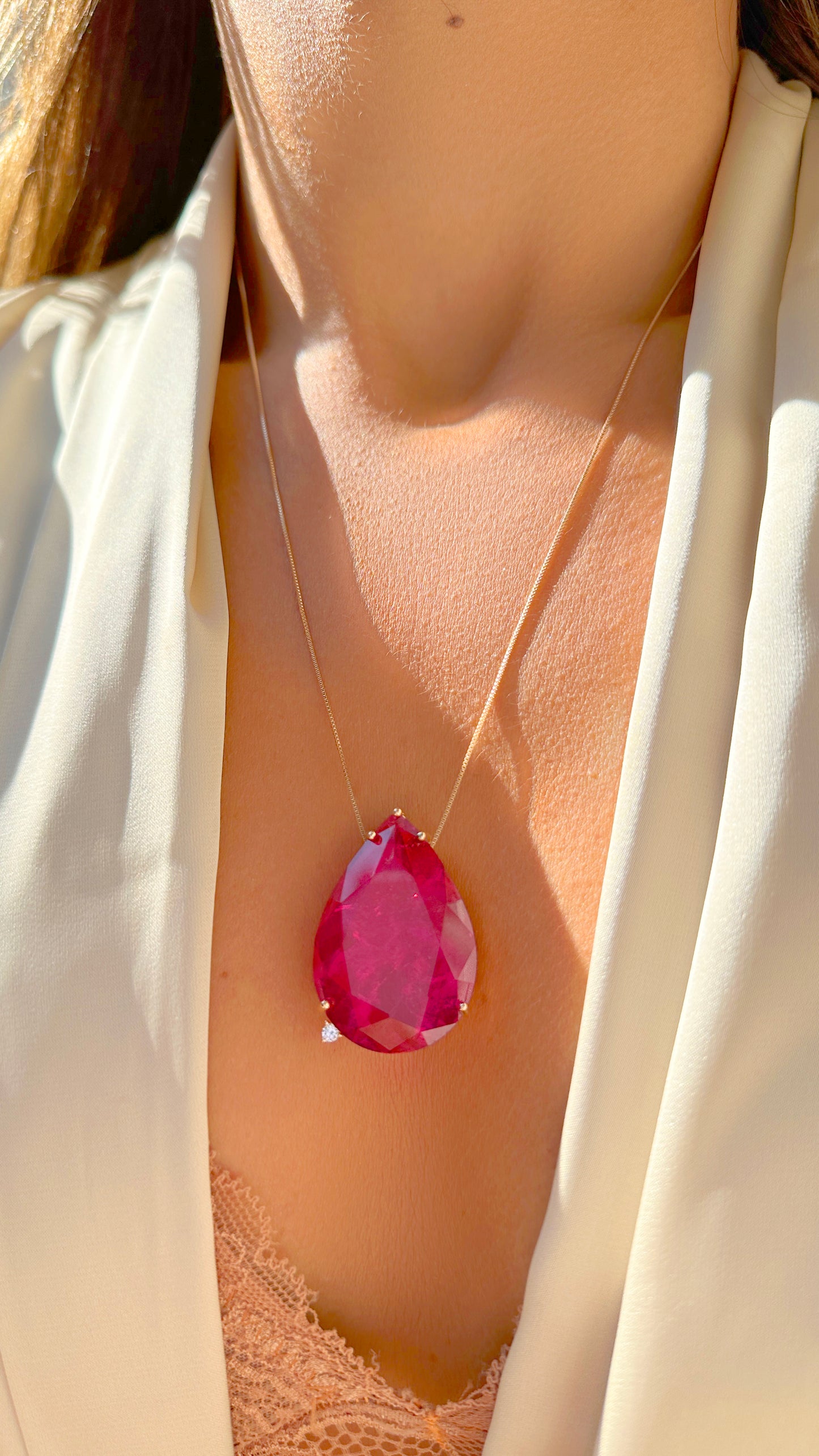 18K Gold Plated Pink Tourmaline and Amethyst Drop Pendant