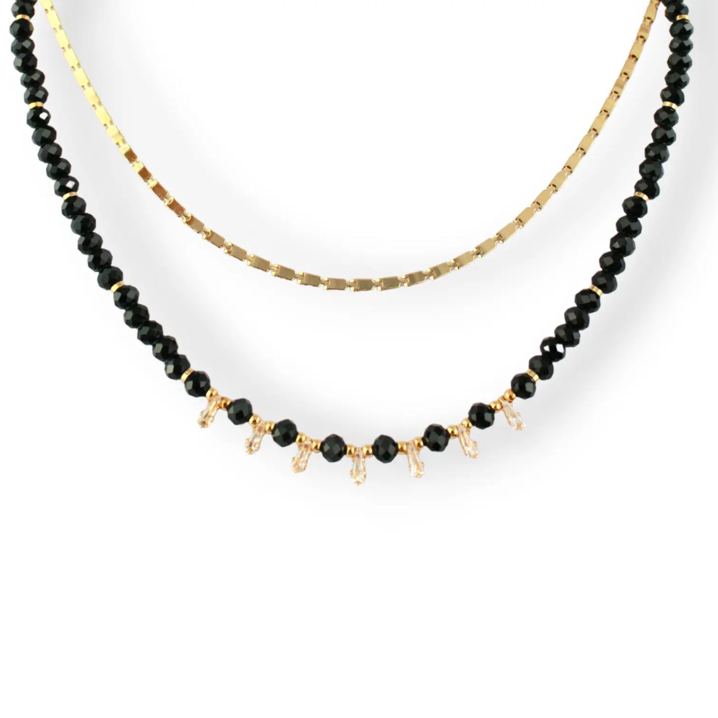 18K Gold Plated Black Crystal Necklace with White CZ Fringe and Gold Chocker Set Objetx