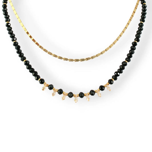 18K Gold Plated Black Crystal Necklace with White CZ Fringe and Gold Chocker Set Objetx