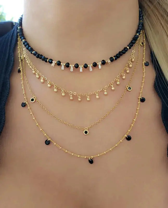 18K Gold Plated Black Crystal Necklace with White CZ Fringe and Gold Chocker Set Objetx