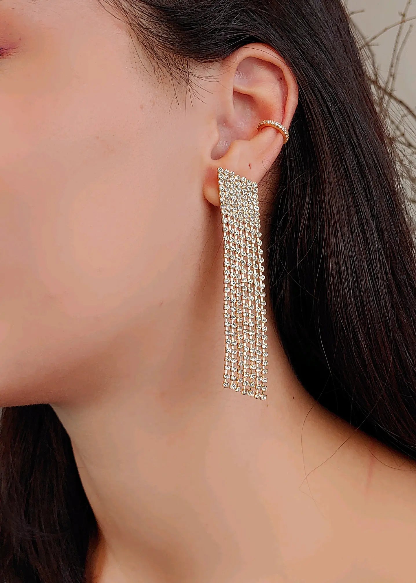 18K Gold Plated Clear Cz Fringe Earrings Objetx