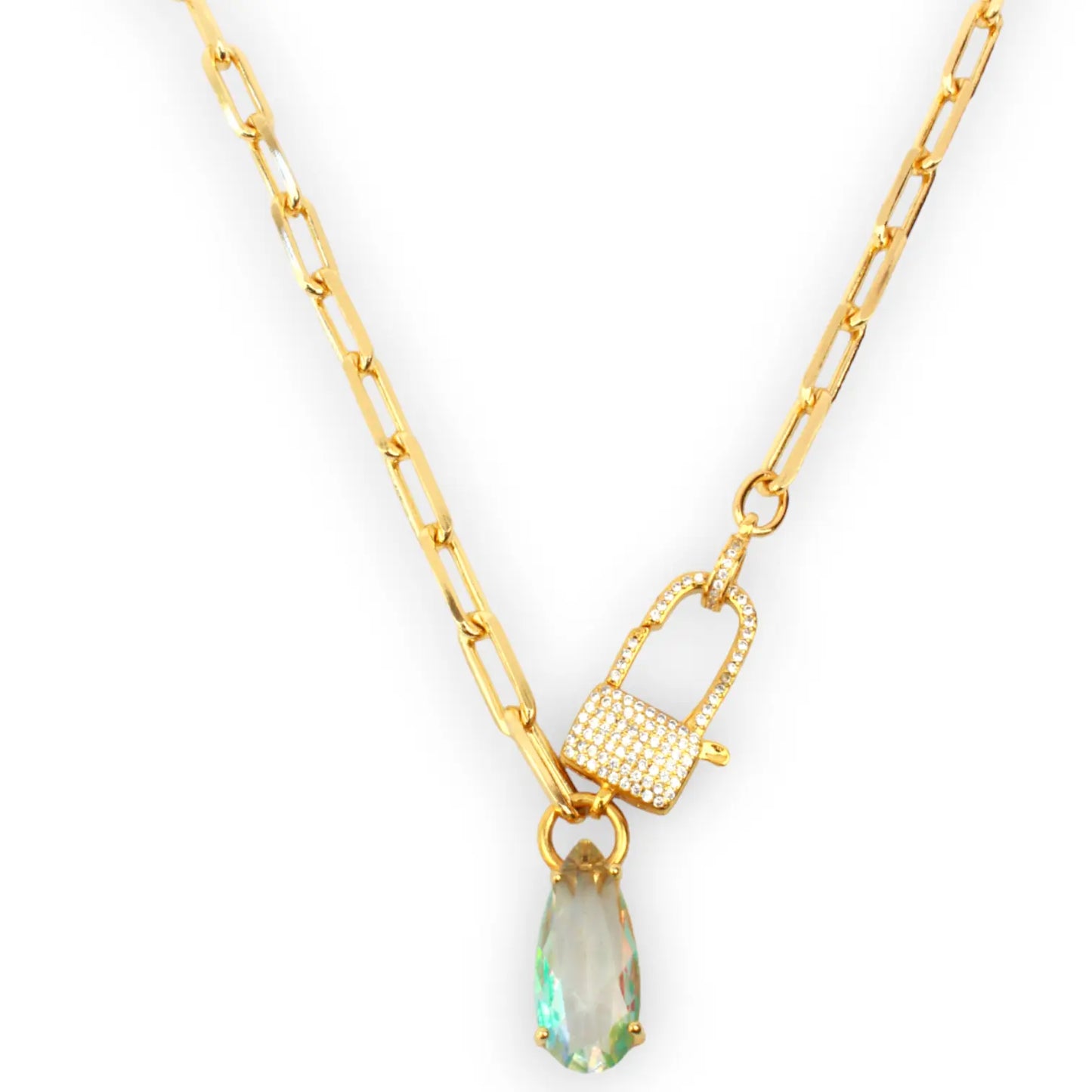 Aquamarine & Paved CZ Lock Necklace