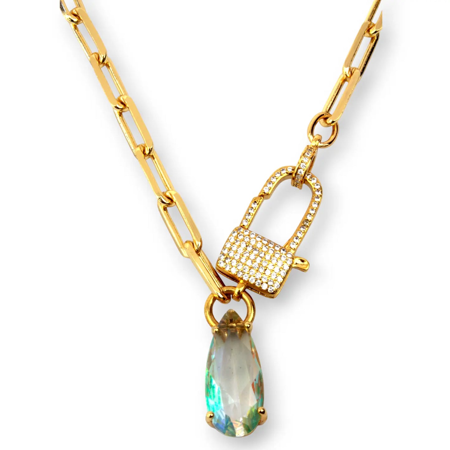 Aquamarine & Paved CZ Lock Necklace