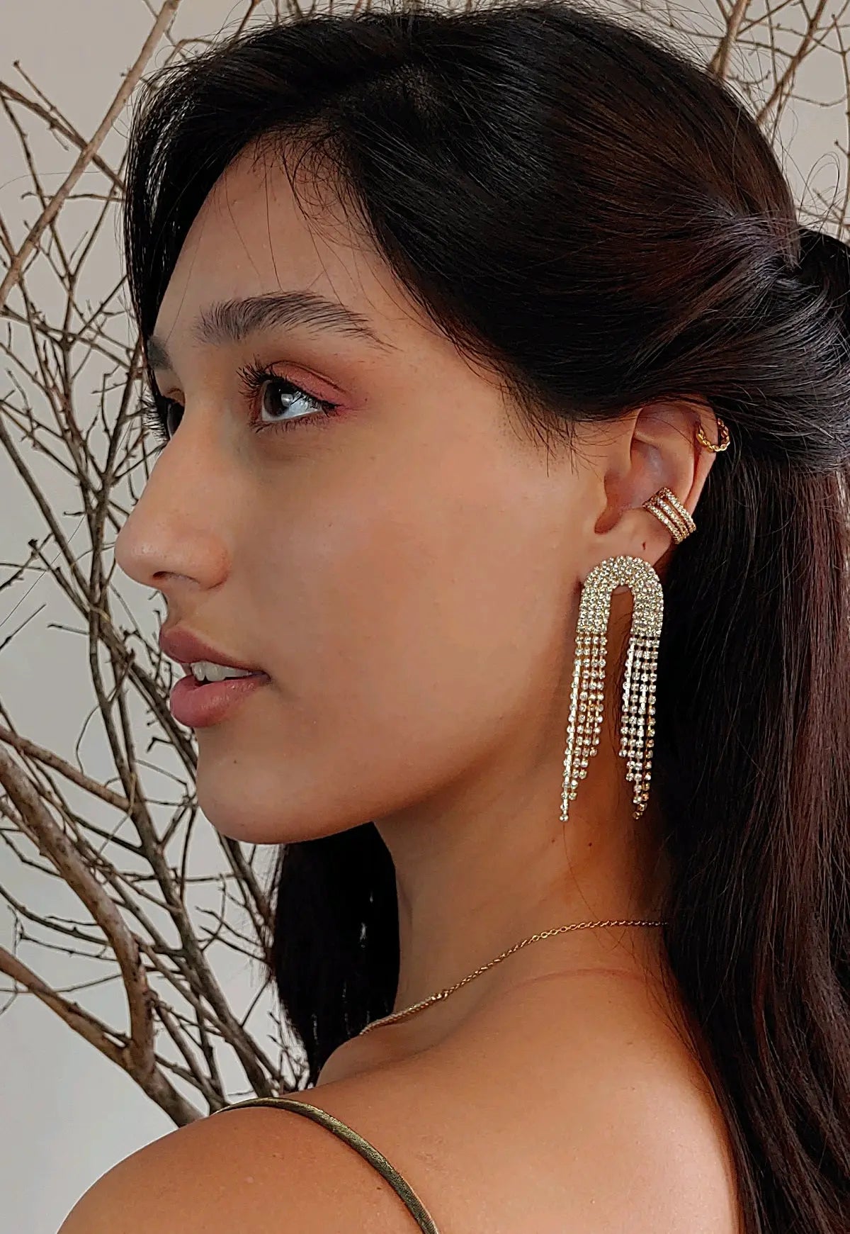 Arc 18K Gold Plated Clear Cz Fringe Earrings