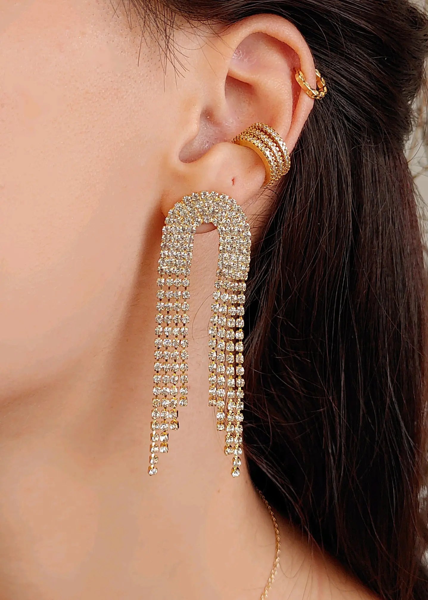 Arc 18K Gold Plated Clear Cz Fringe Earrings