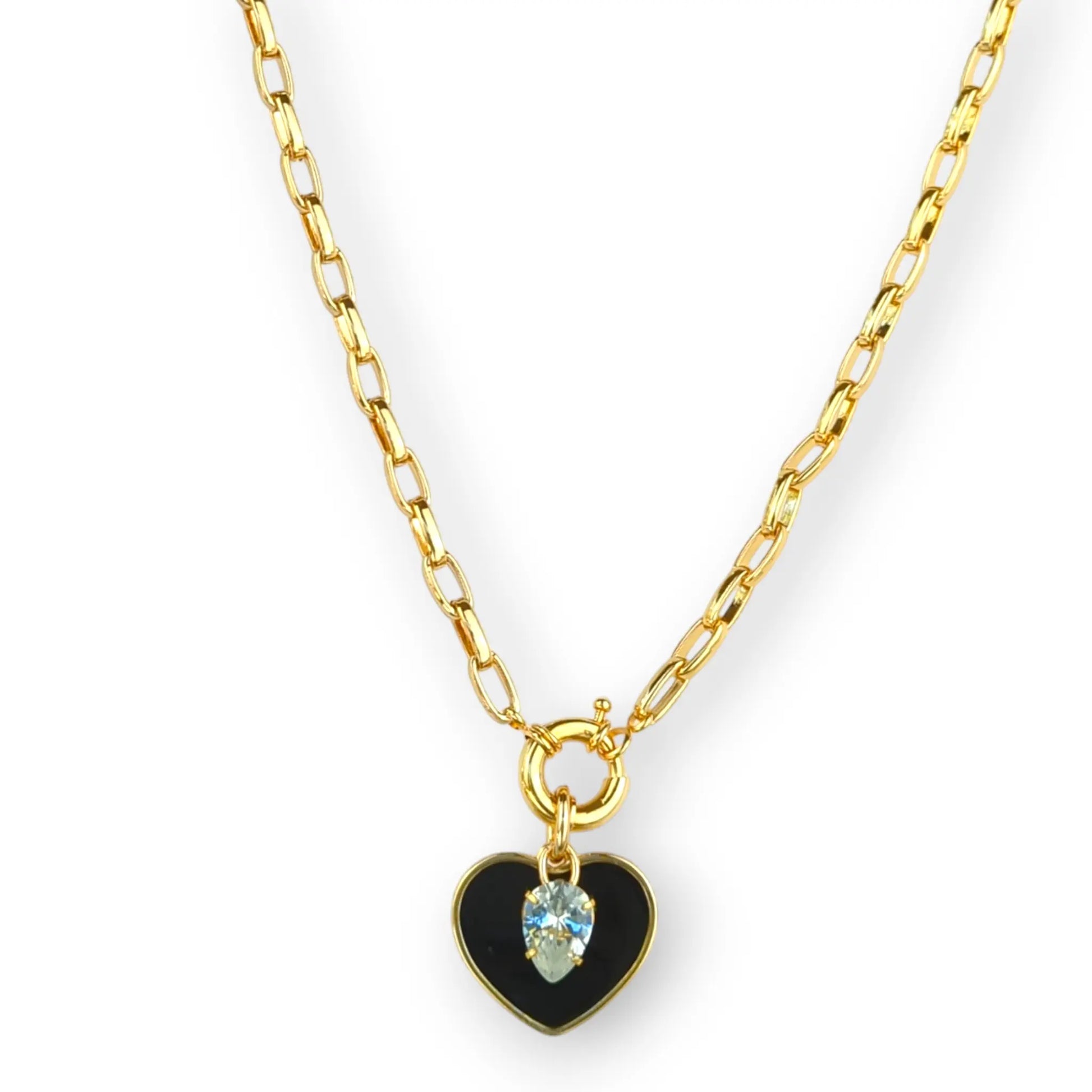 CZ Stone Heart Love Necklace and Earring Set - Black Objetx