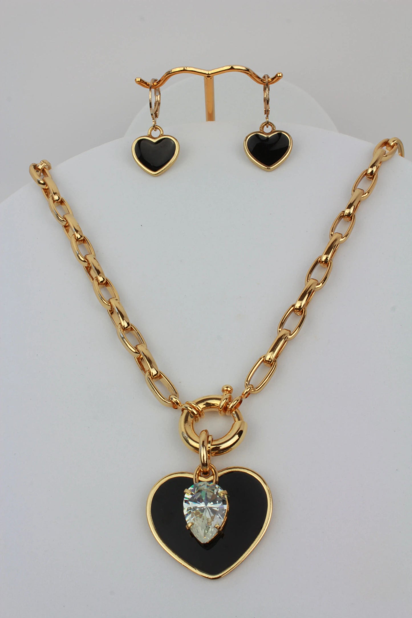 CZ Stone Heart Love Necklace and Earring Set - Black Objetx