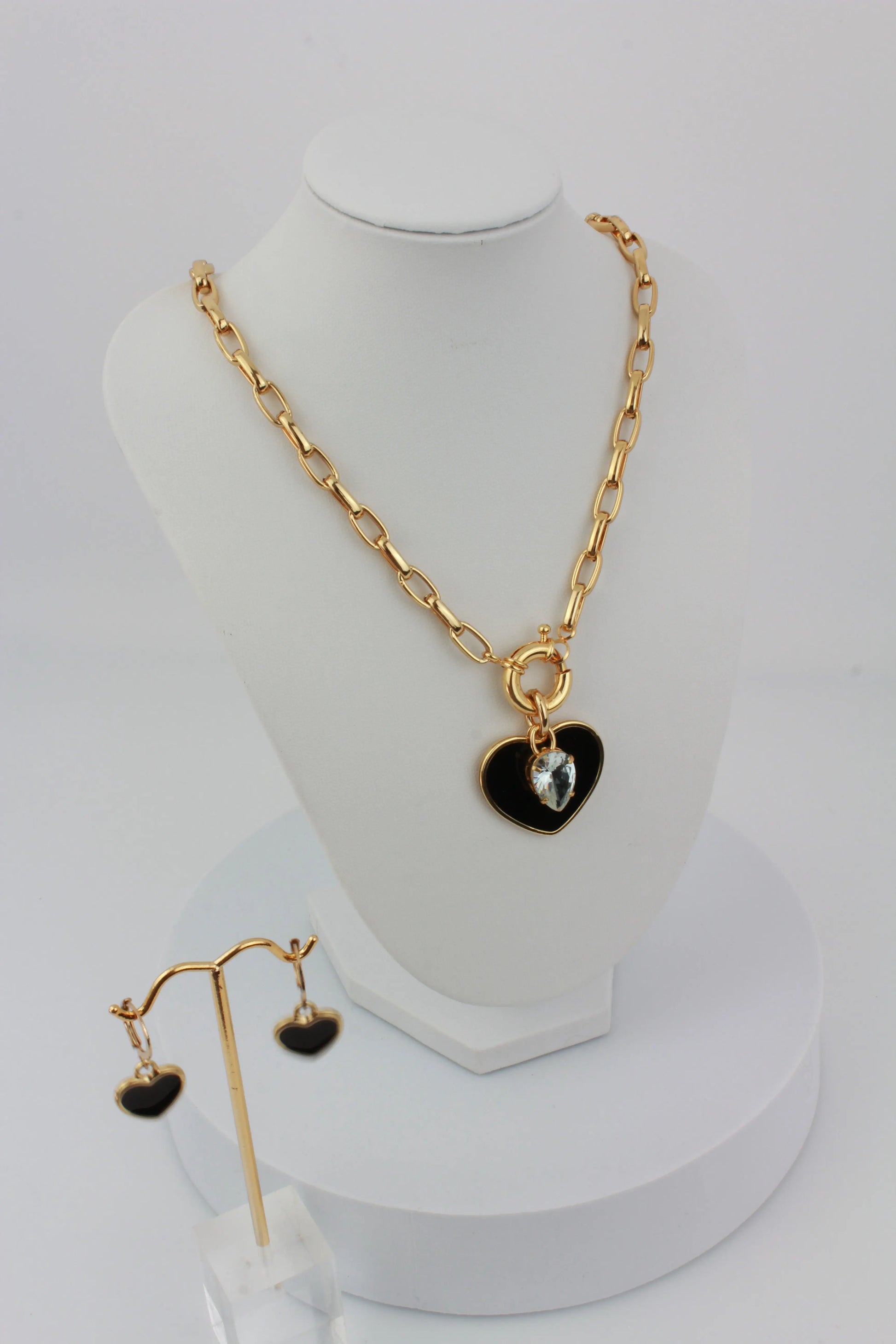 CZ Stone Heart Love Necklace and Earring Set - Black Objetx