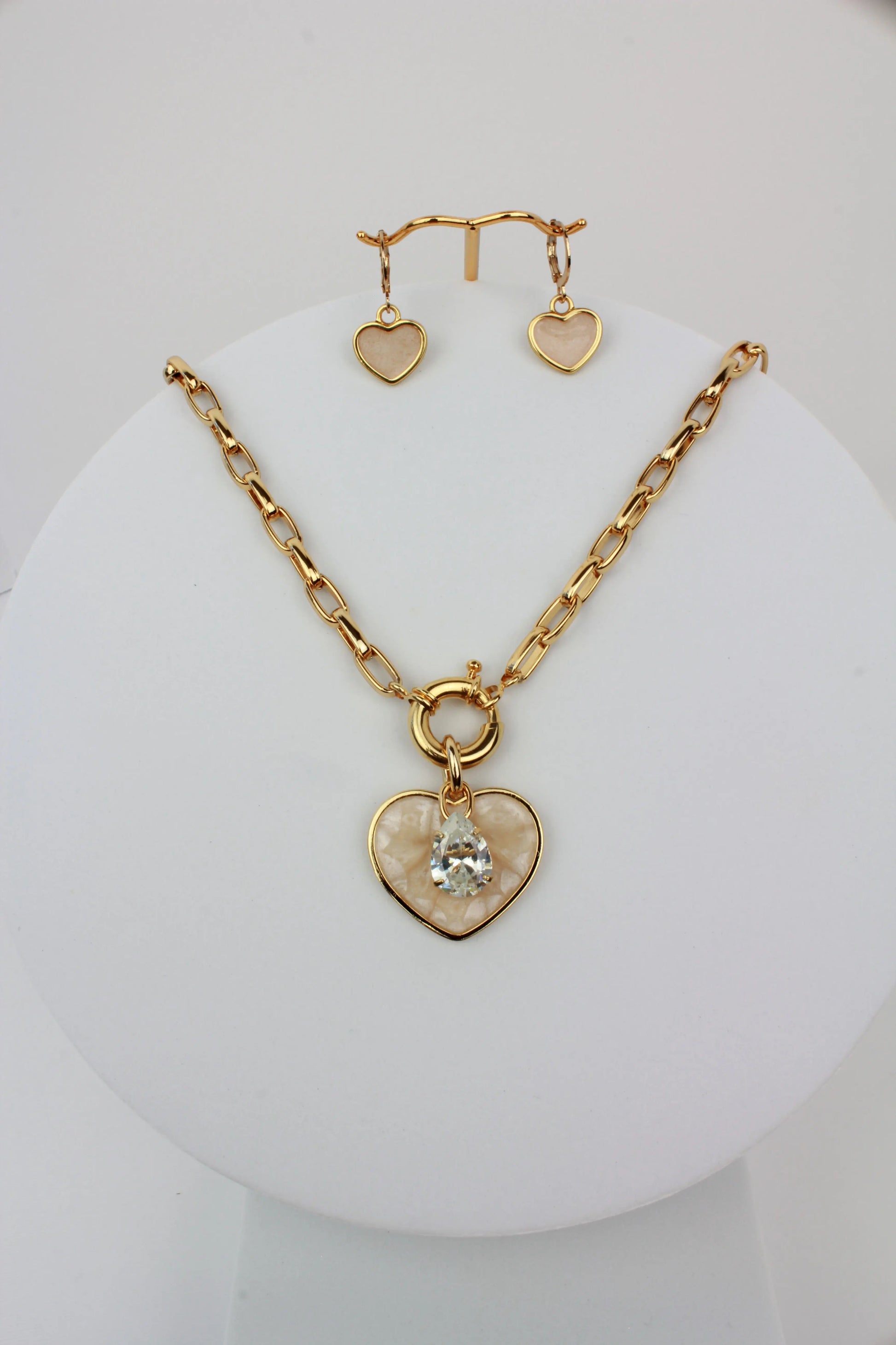 CZ Stone Heart Love Necklace and Earring Set - White Objetx