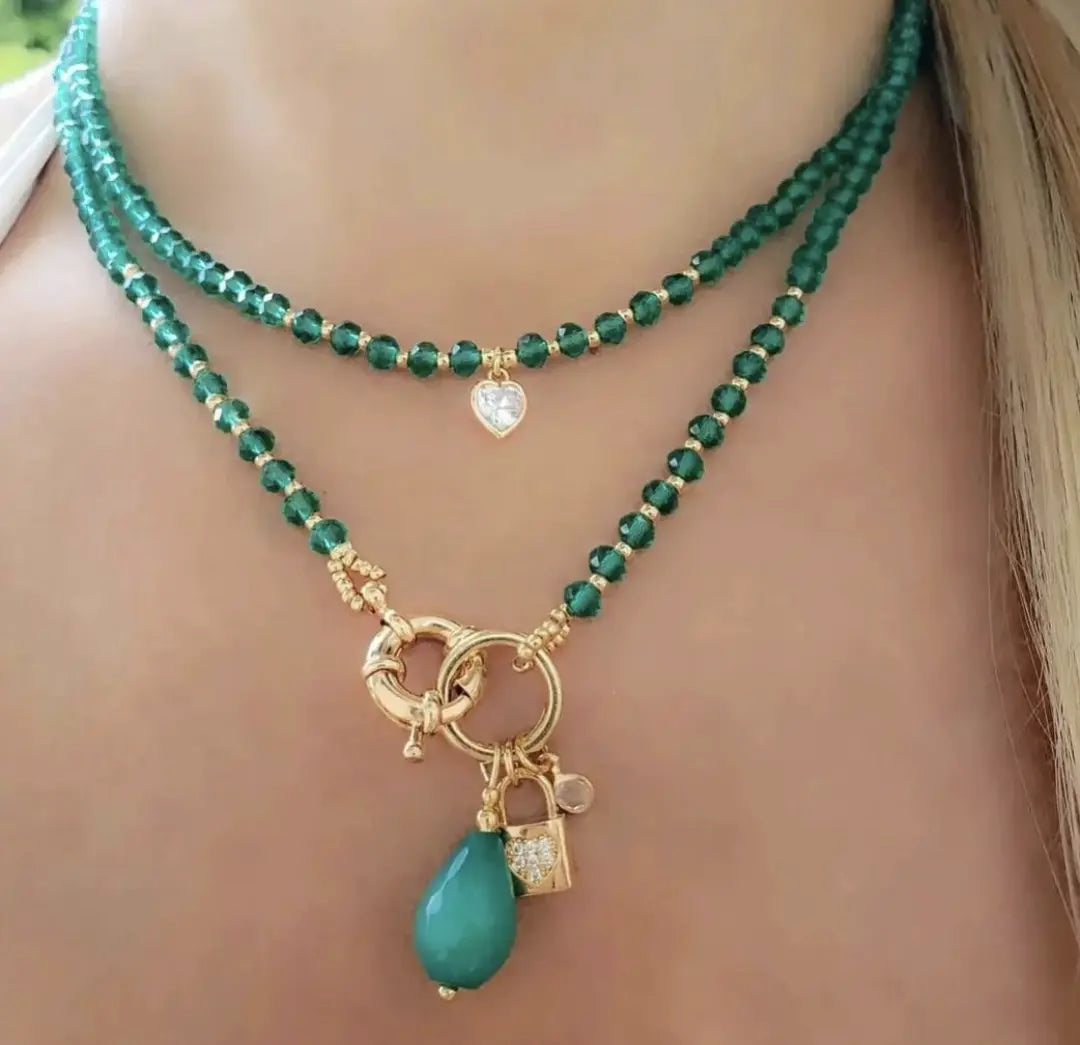 Green Rondelle and Natural Stone Necklace Set Objetx