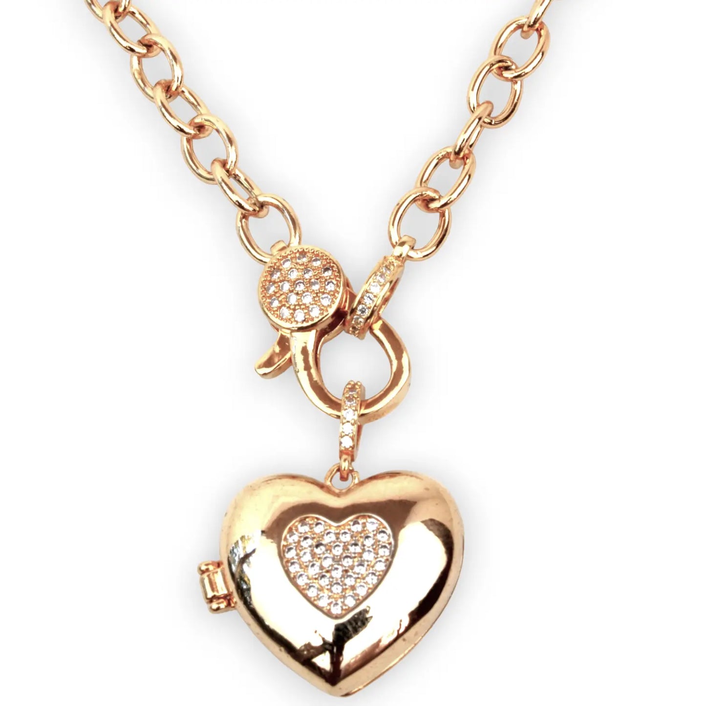 Heart Locket CZ Paved 18K Gold Plated Necklace Objetx