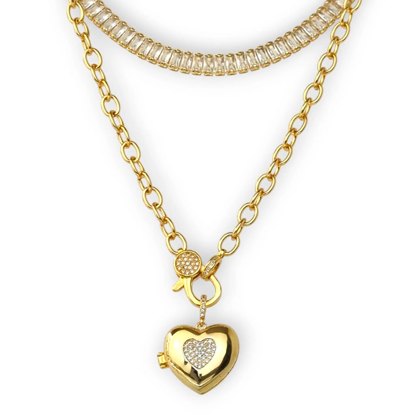 Heart Locket CZ Paved 18K Gold Plated Necklace Objetx