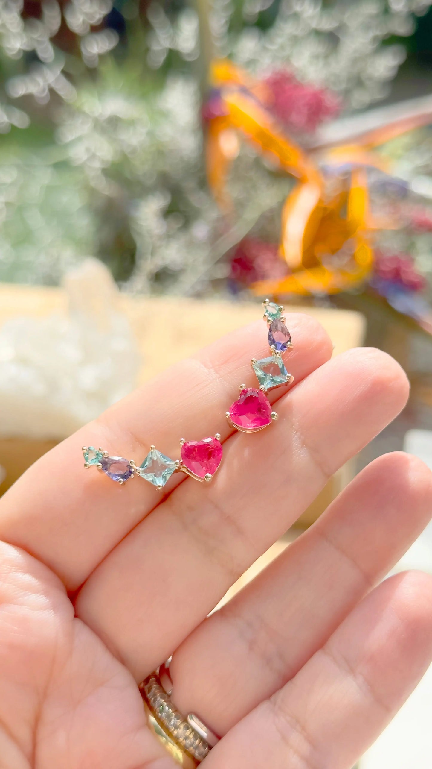 Pink Heart Tourmaline Ear Climber - 18K Gold Plated