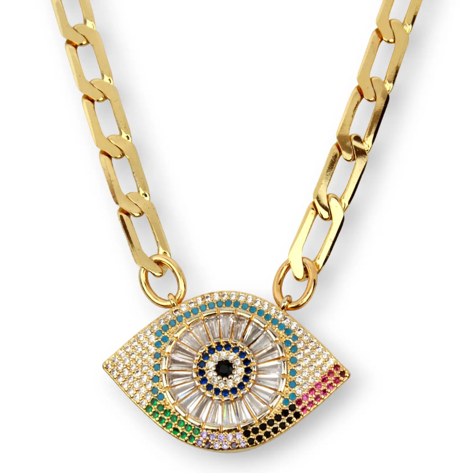 Rainbow Evil Eye Paved CZ 18K Plated Necklace Objetx