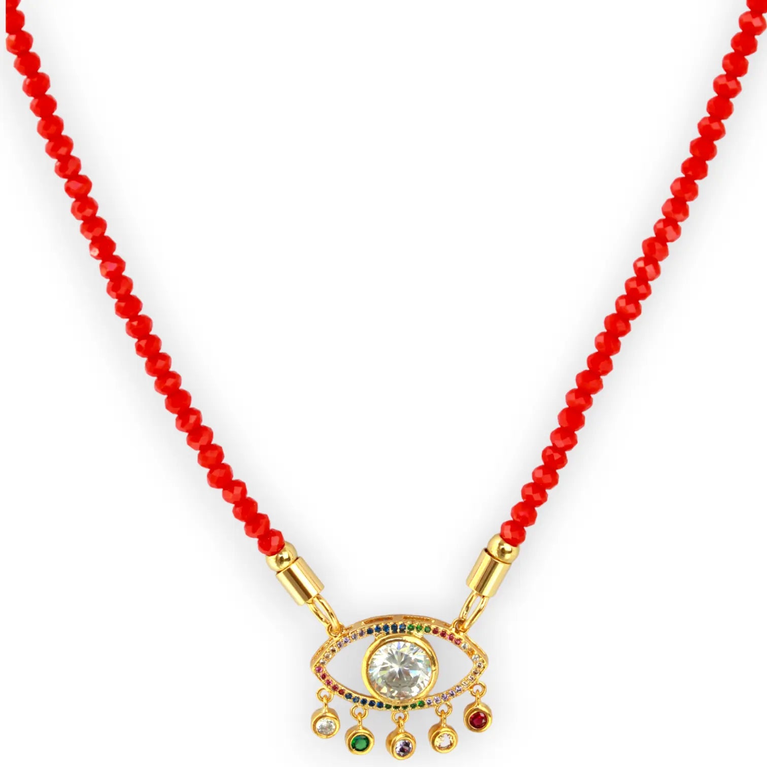 Evil Eye Red Rondelle and Rainbow Necklace - 18K Gold Plated