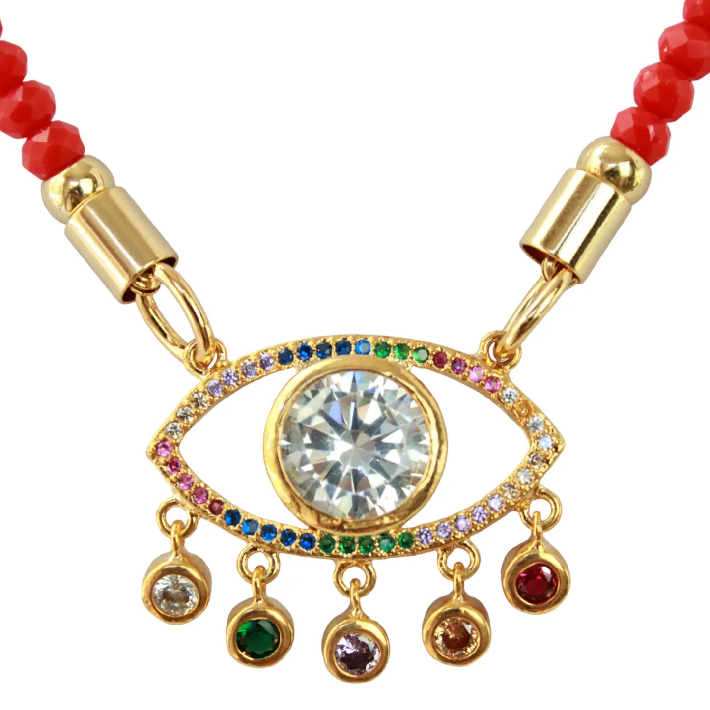 Evil Eye Red Rondelle and Rainbow Necklace - 18K Gold Plated