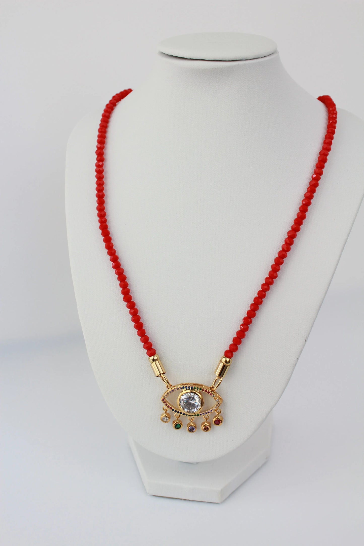 Evil Eye Red Rondelle and Rainbow Necklace - 18K Gold Plated