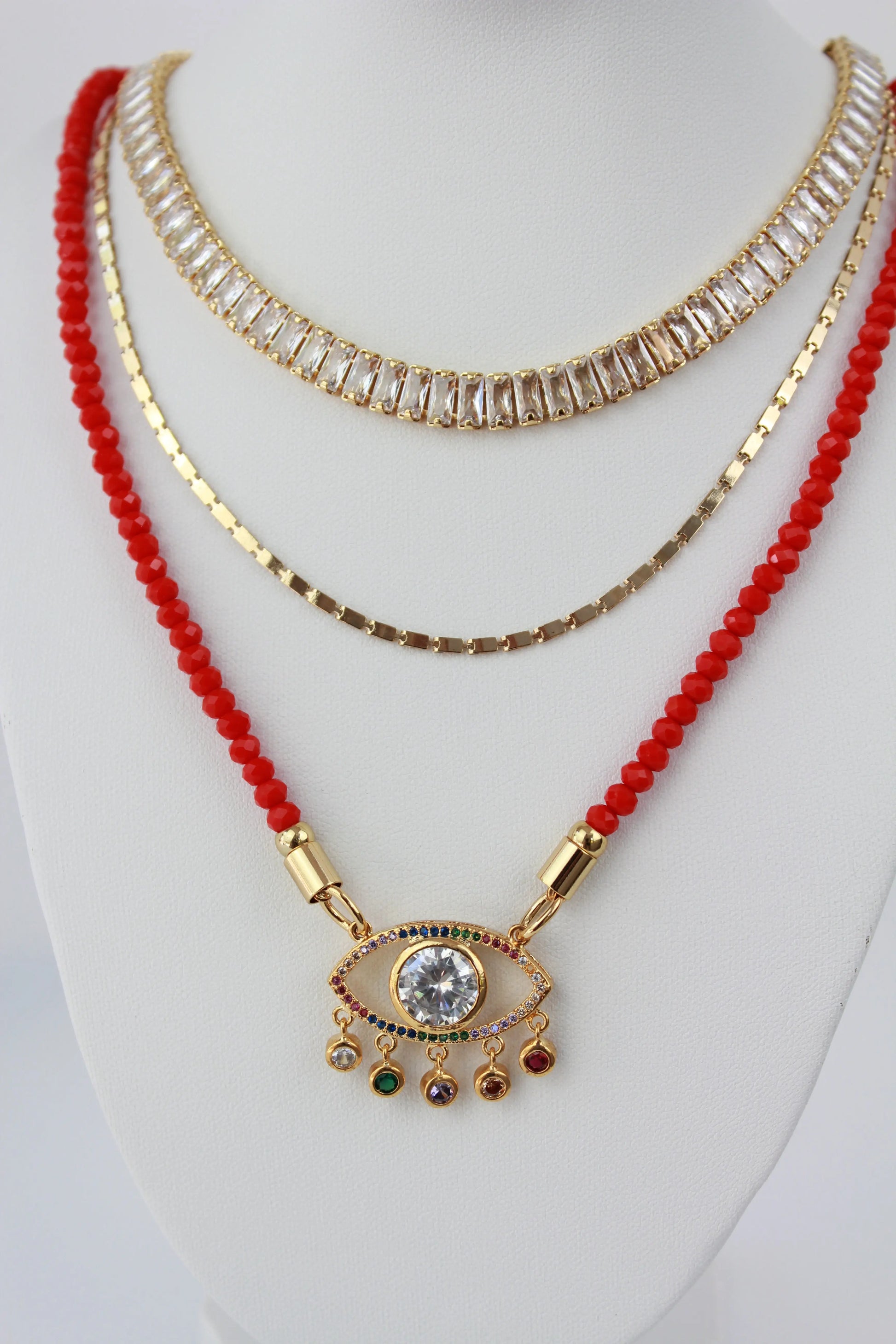 Evil Eye Red Rondelle and Rainbow Necklace - 18K Gold Plated