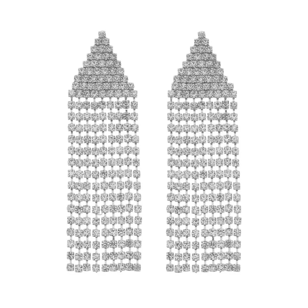 Triangle Fringe Earrings - Rhodium Plated with Clear CZ 