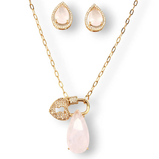 Rose Quartz Stone CZ Heart Paved 18K Necklace and Earring Set Objetx