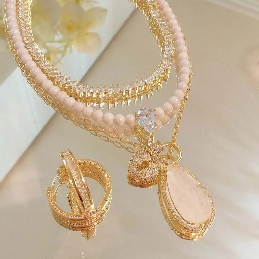 Rose Quartz Stone CZ Heart Paved 18K Necklace and Earring Set Objetx