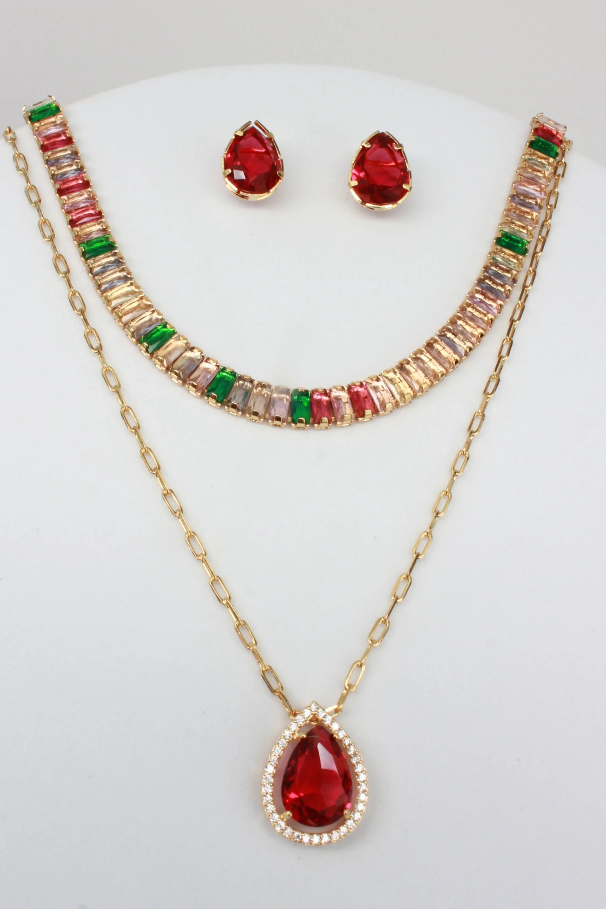 Rubellite Stone and CZ Necklace and Earring Set Objetx