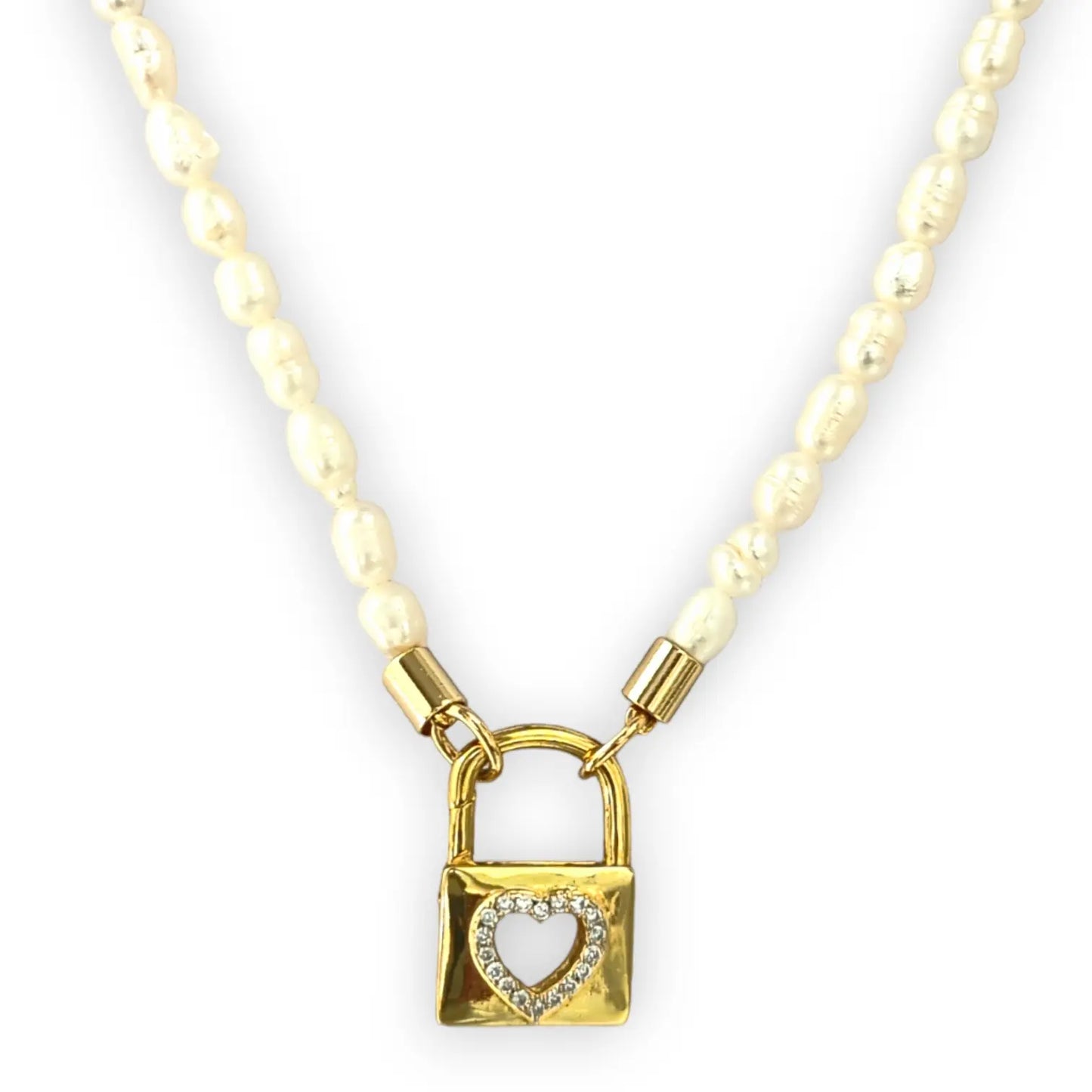 Sweet Water Pearl 18K Plated Pave Heart Lock Necklace Objetx