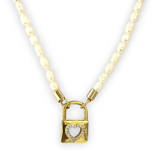 Sweet Water Pearl 18K Plated Pave Heart Lock Necklace Objetx