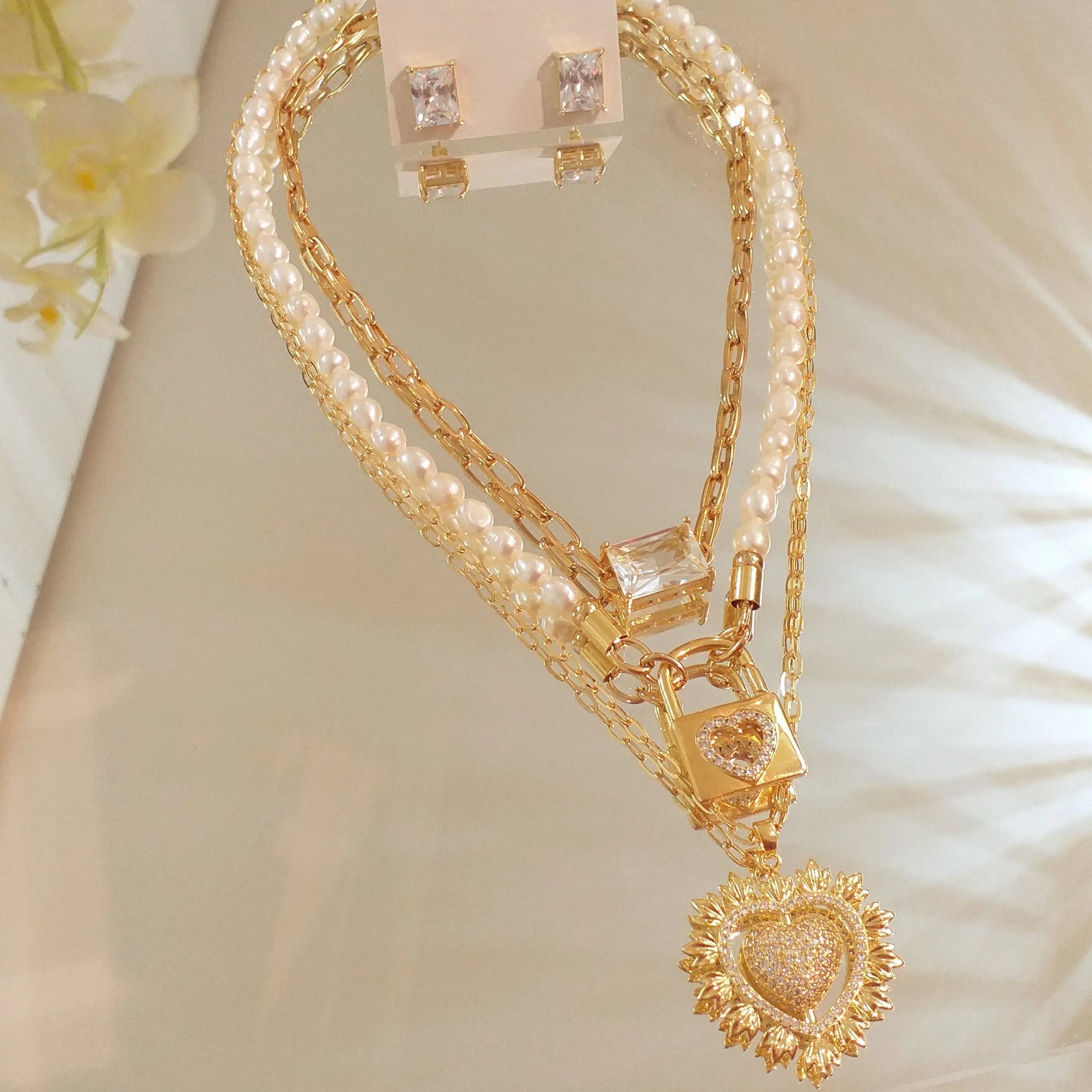 Sweet Water Pearl 18K Plated Pave Heart Lock Necklace Objetx