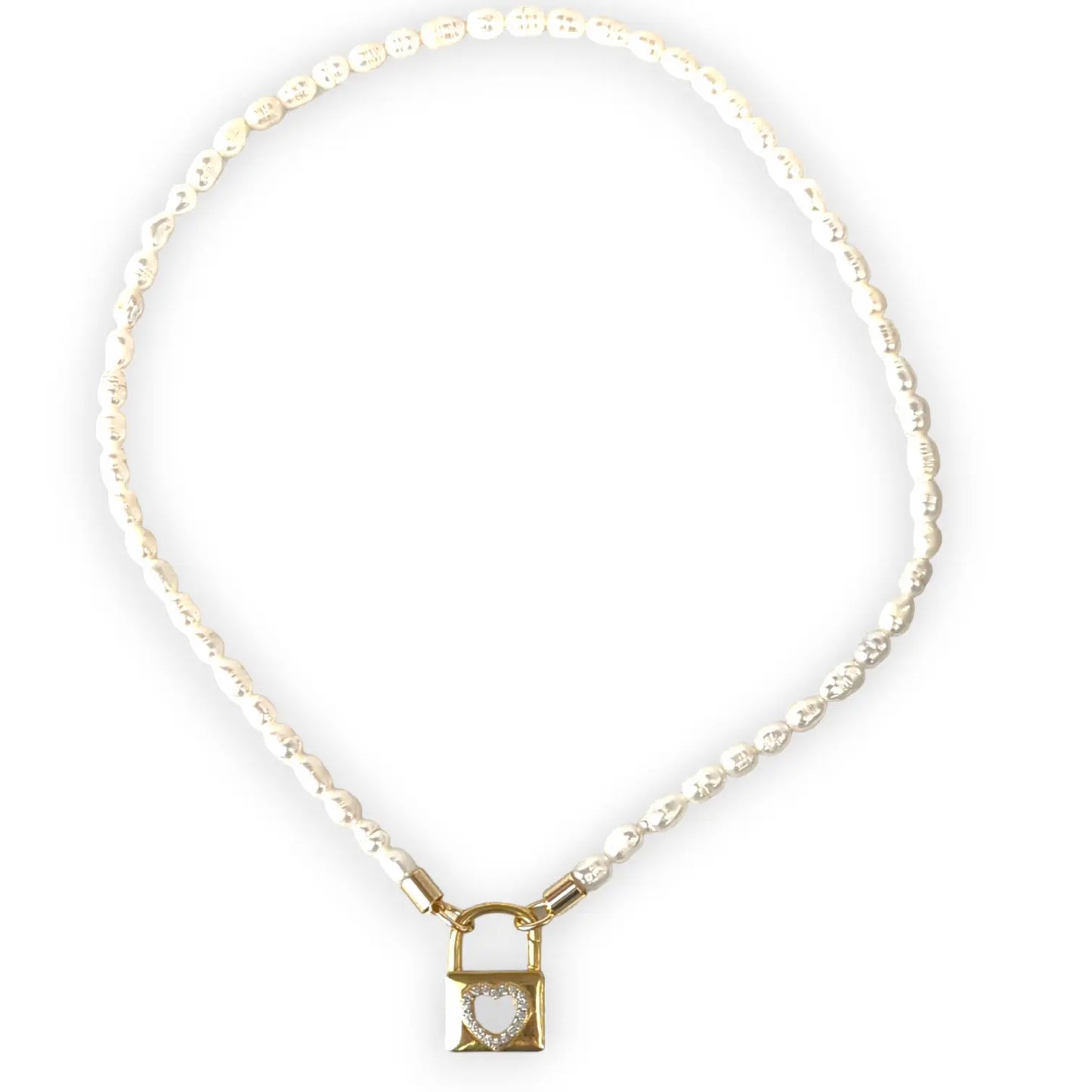 Sweet Water Pearl 18K Plated Pave Heart Lock Necklace Objetx